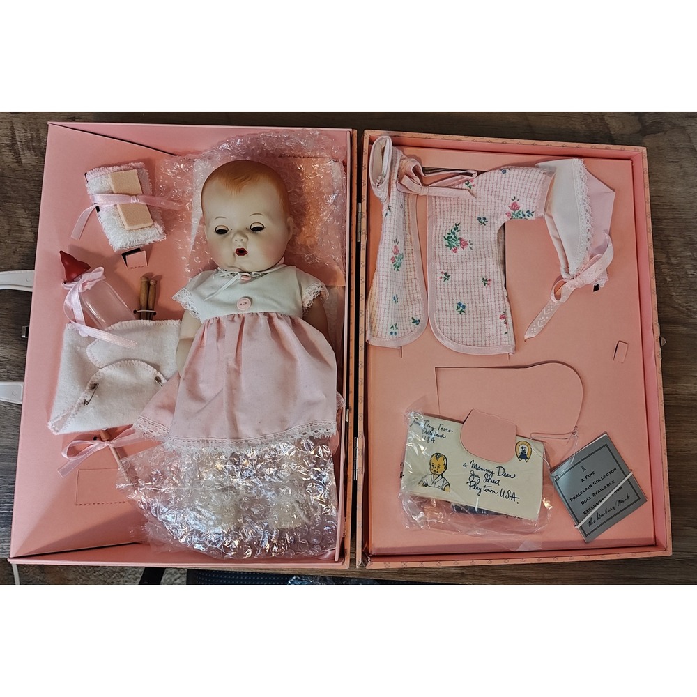Danbury Mint Tiny Tears Porcelain Doll Set Pink Case Accessories 11in Blue Eyes